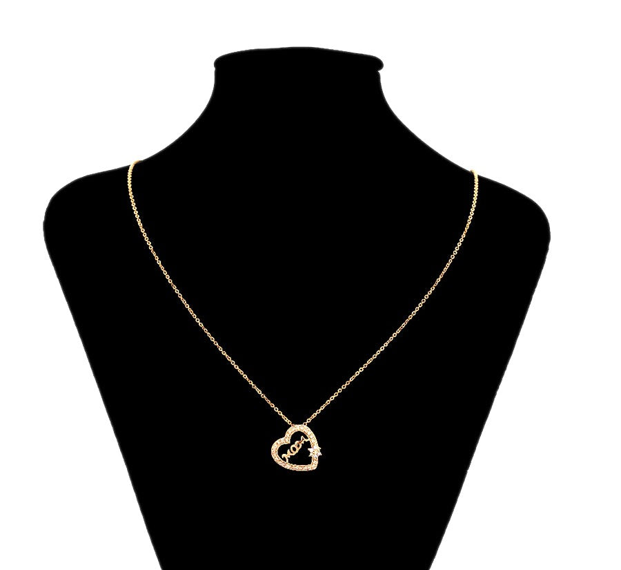 "Mom" Heart Pendant Necklace with Crystal Accents - 18K Gold Plated
