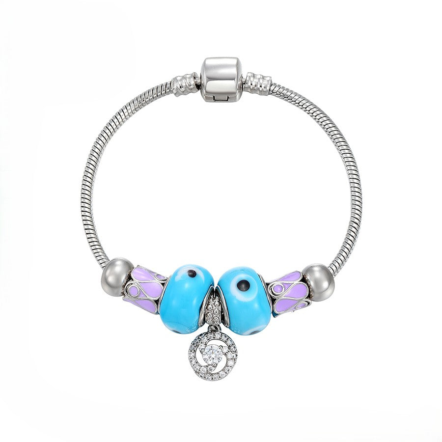 Platinum Plated Charm Bracelet | Ocean Blue Murano Glass Swirl Bead