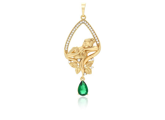14K gold Plated- Elegant Lady in Leaf Frame with Green Gem Pendant