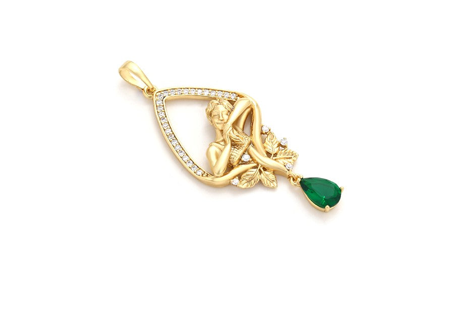 14K gold Plated- Elegant Lady in Leaf Frame with Green Gem Pendant