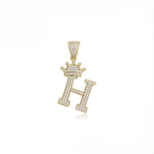 Gold Pave Crystal Crown Initial 'H' Pendant