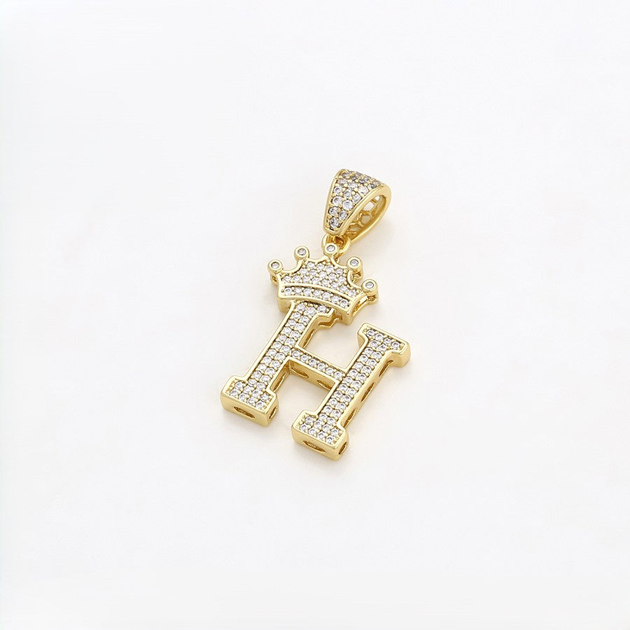 Gold Pave Crystal Crown Initial 'H' Pendant