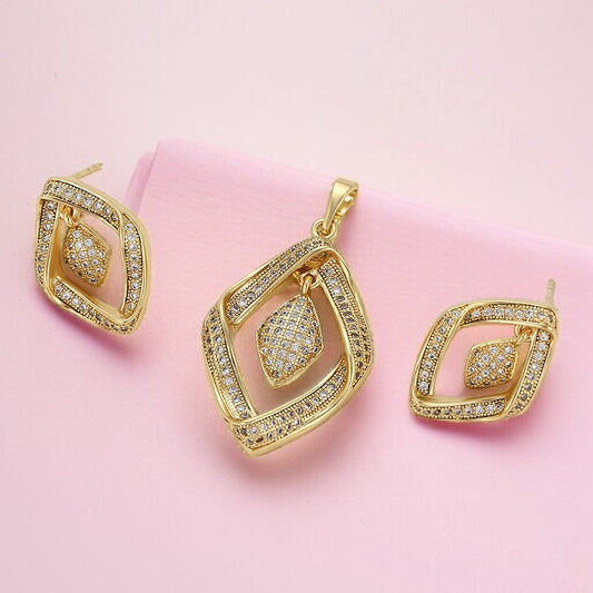 14K Gold Plated Geometric Rhombus Pendant &amp; Drop Earrings Set