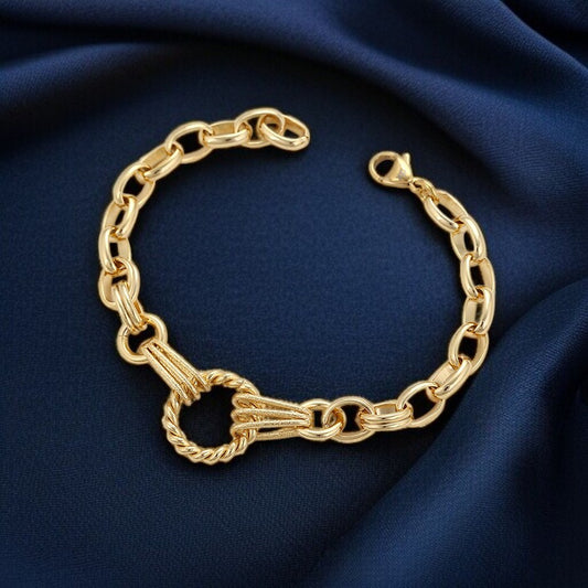 14K Gold Plated Chunky Link Bracelet with Textured Rope Circle Accent