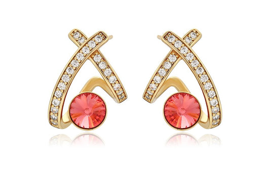 14K Gold Plated X-Shape Stud Earrings in Gold Finish with Coral Red Stones