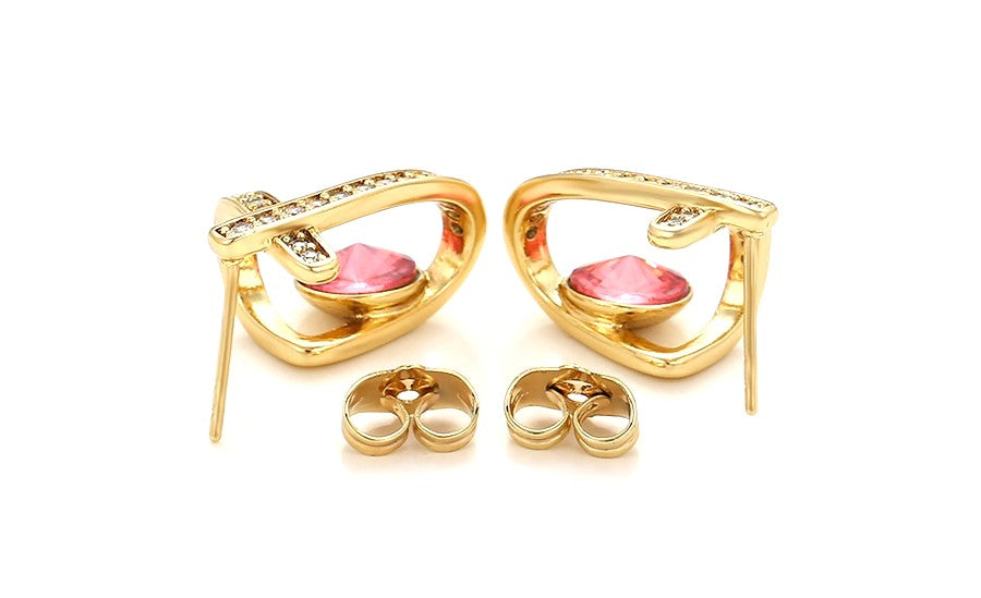 14K Gold Plated X-Shape Stud Earrings in Gold Finish with Coral Red Stones