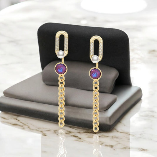 14K Gold Plated Paperclip Chain Dangle Earrings with Purple Crystal