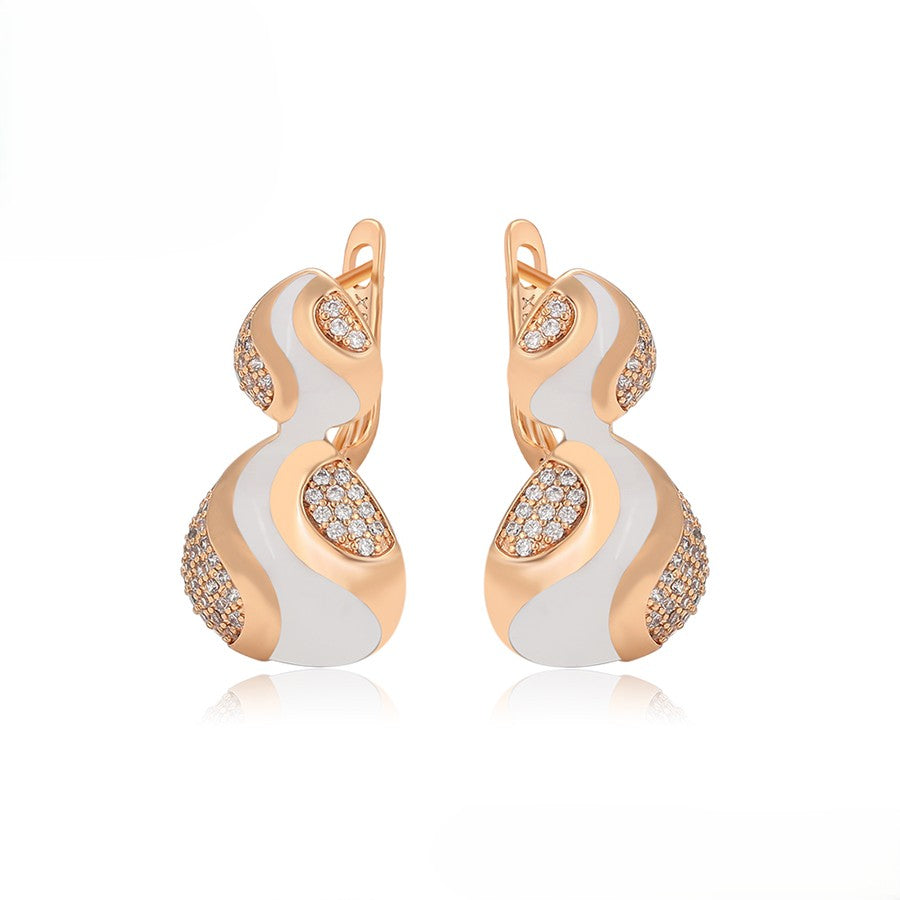 18K gold plated - Unique S-Shape Earrings with White Enamel Accents and Crystal Embellishment