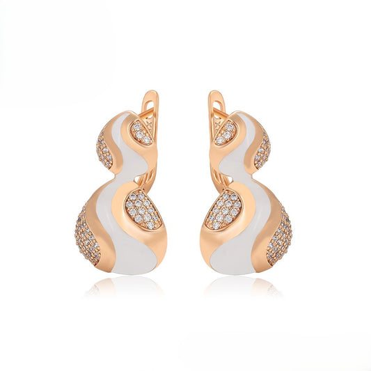 18K gold plated - Unique S-Shape Earrings with White Enamel Accents and Crystal Embellishment