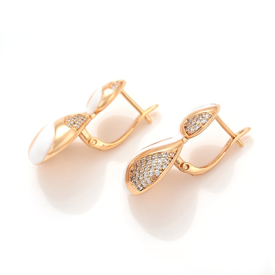 18K gold plated - Unique S-Shape Earrings with White Enamel Accents and Crystal Embellishment