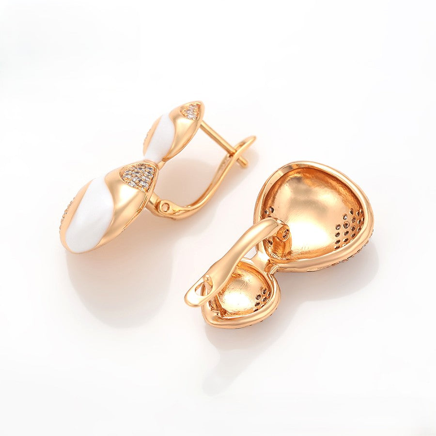 18K gold plated - Unique S-Shape Earrings with White Enamel Accents and Crystal Embellishment