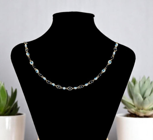 Bohemian Gold Necklace with Multiple Blue Evil Eyes