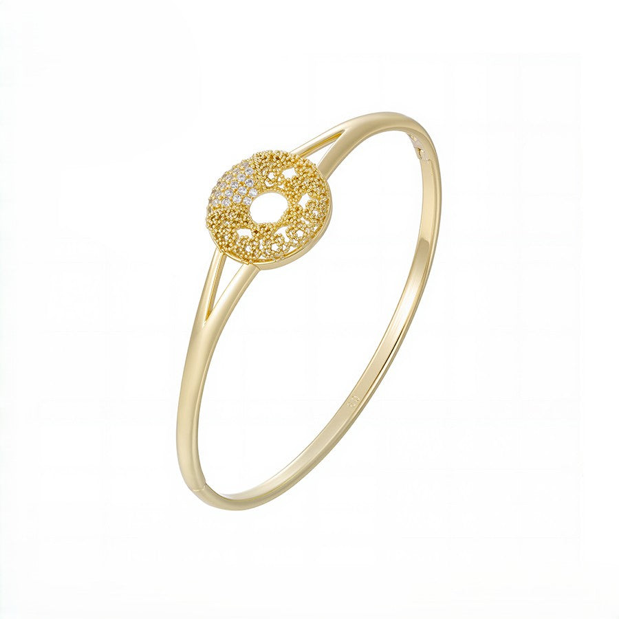14K Gold Plated Open-Work Disc Bangle Bracelet | Textured Sunburst Cutout Crystal Cuff