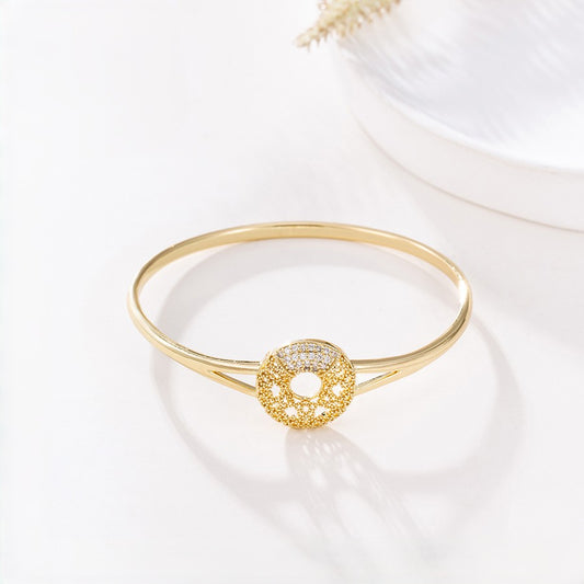 14K Gold Plated Open-Work Disc Bangle Bracelet | Textured Sunburst Cutout Crystal Cuff