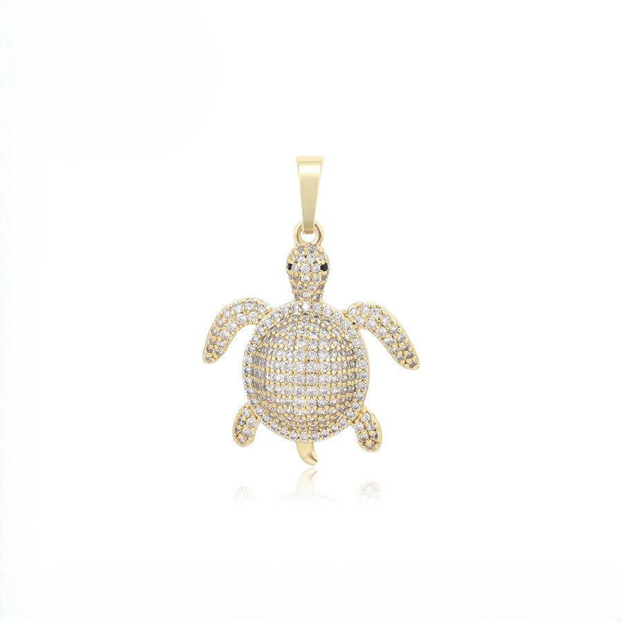 Maui Full Pave Crystal Sea Turtle Pendant | 14K Gold Plated Domed Marine Life Necklace Charm