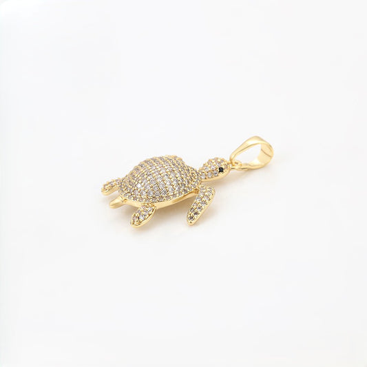 Maui Full Pave Crystal Sea Turtle Pendant | 14K Gold Plated Domed Marine Life Necklace Charm