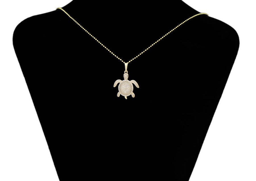 Maui Full Pave Crystal Sea Turtle Pendant | 14K Gold Plated Domed Marine Life Necklace Charm
