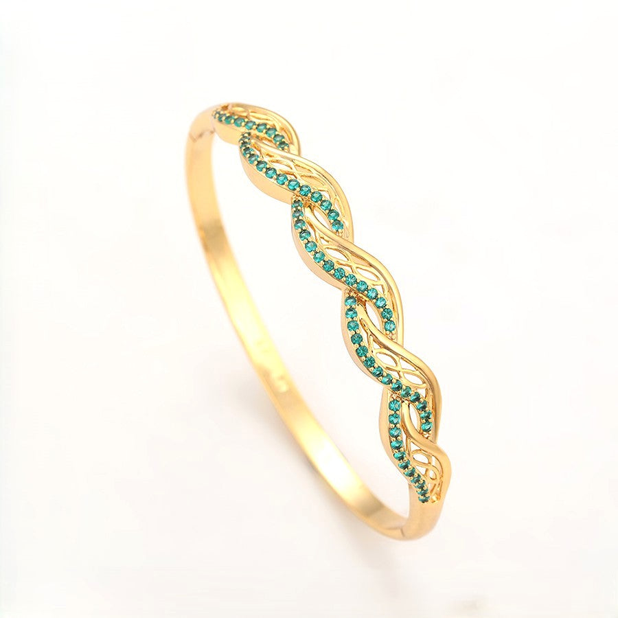 24K Gold Plated Emerald Green Wavy Filigree Bangle