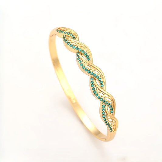 24K Gold Plated Emerald Green Wavy Filigree Bangle