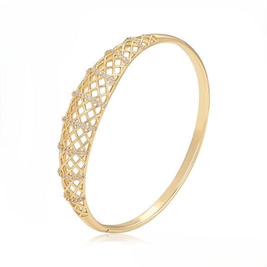 14k Gold Plated Geometric Lattice Openwork Bangle Bracelet with Zirconia