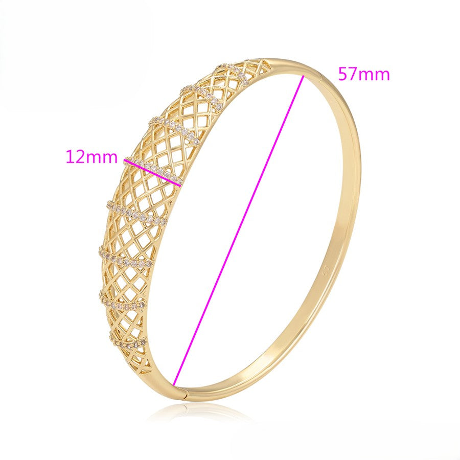 14k Gold Plated Geometric Lattice Openwork Bangle Bracelet with Zirconia
