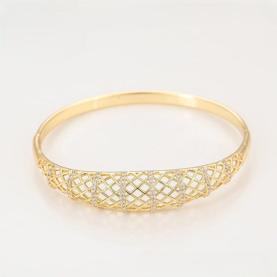 14k Gold Plated Geometric Lattice Openwork Bangle Bracelet with Zirconia