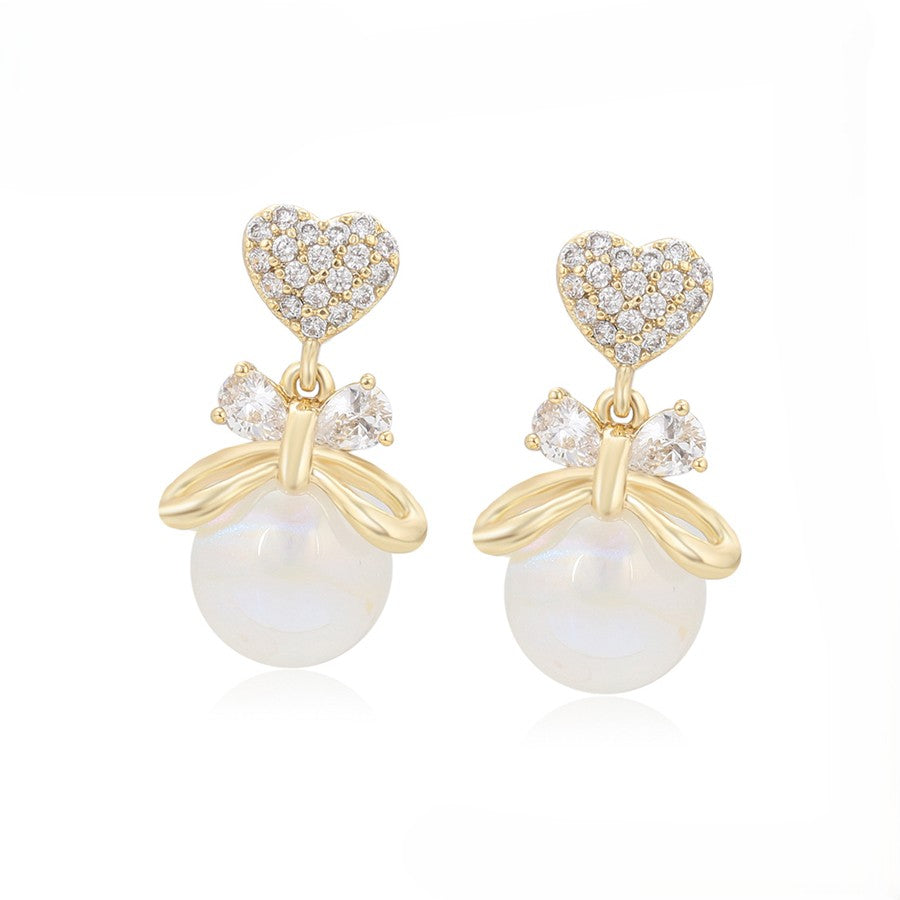 Amour Pave Heart and Ribbon Bow Drop Earrings | Iridescent Pearl Coquette Aesthetic Dangle Earrings
