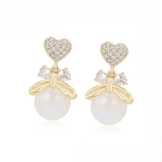 Amour Pave Heart and Ribbon Bow Drop Earrings | Iridescent Pearl Coquette Aesthetic Dangle Earrings