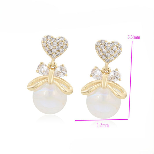 Amour Pave Heart and Ribbon Bow Drop Earrings | Iridescent Pearl Coquette Aesthetic Dangle Earrings