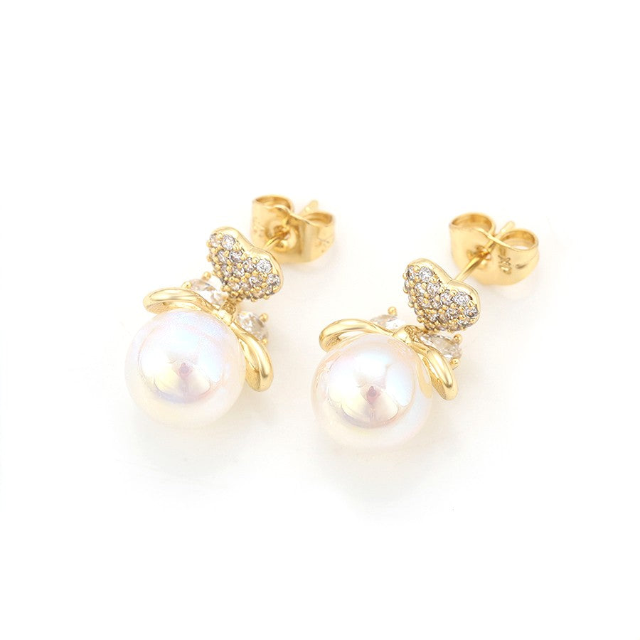 Amour Pave Heart and Ribbon Bow Drop Earrings | Iridescent Pearl Coquette Aesthetic Dangle Earrings