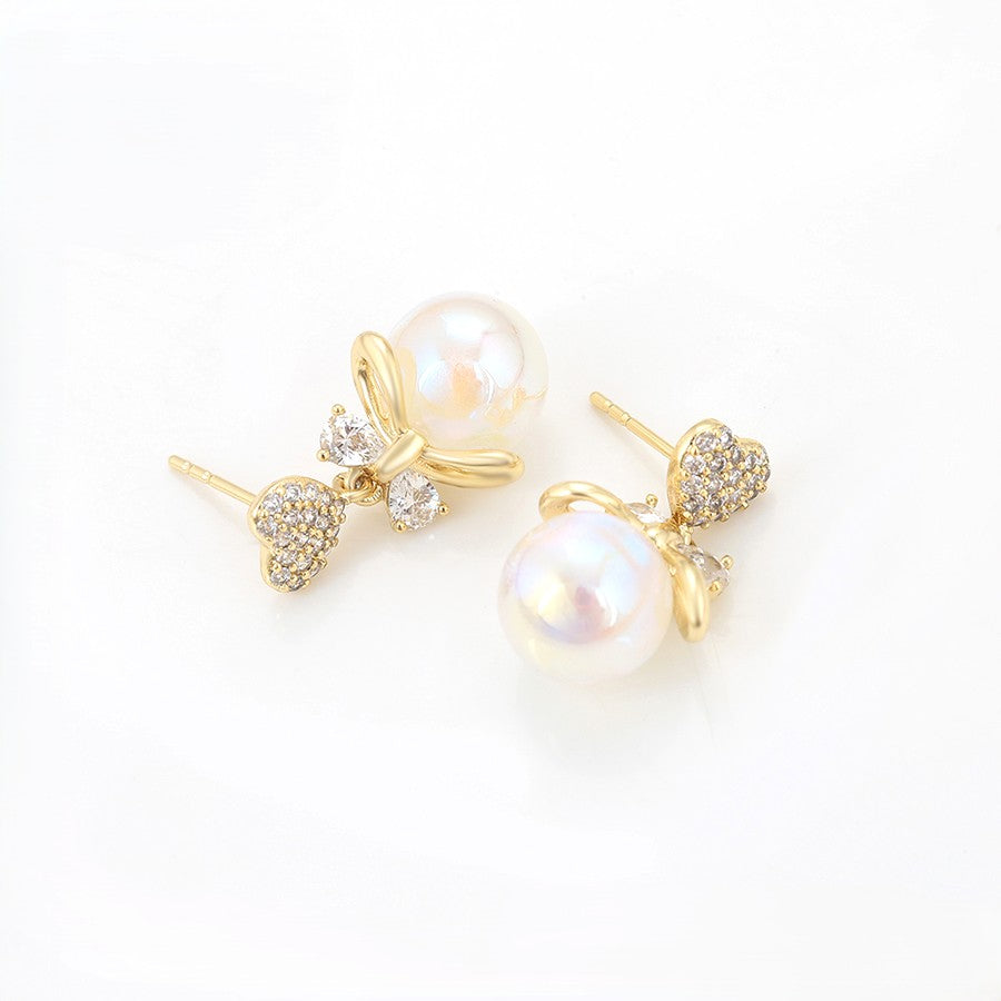 Amour Pave Heart and Ribbon Bow Drop Earrings | Iridescent Pearl Coquette Aesthetic Dangle Earrings