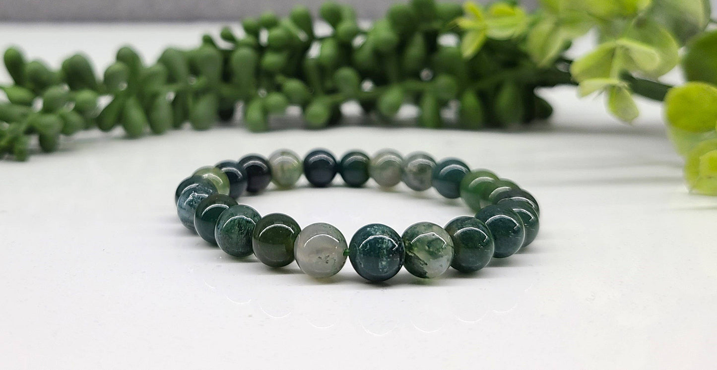 Moss Agate Gemstone Bracelet Stretchable 8mm Beads-7.5"L