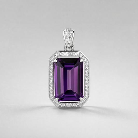 Empress Amethyst Purple Crystal Medallion Pendant | Platinum Plated Emerald Cut Geometric Statement Charm