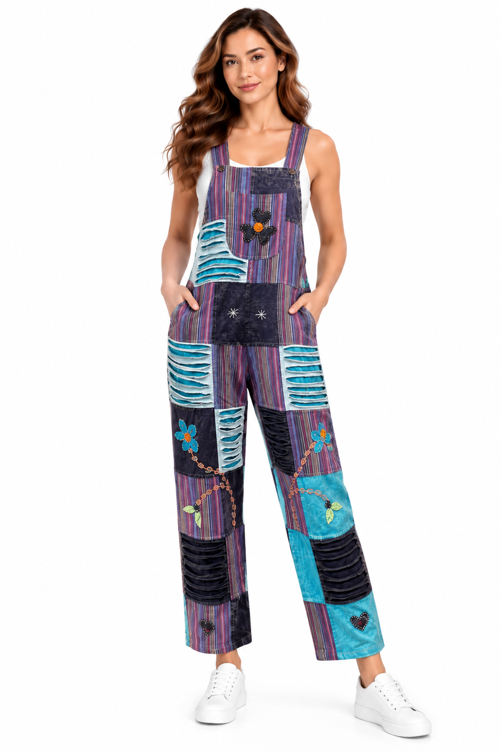 100% Cotton Purple Multi Patch Razor Flower Overall