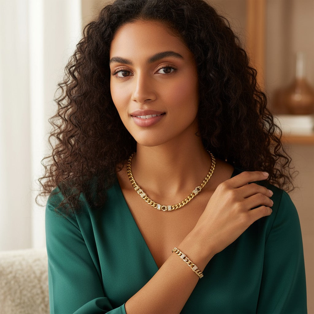 18K Gold Plated Diamond Cuban Link Chain and Bracelet Set