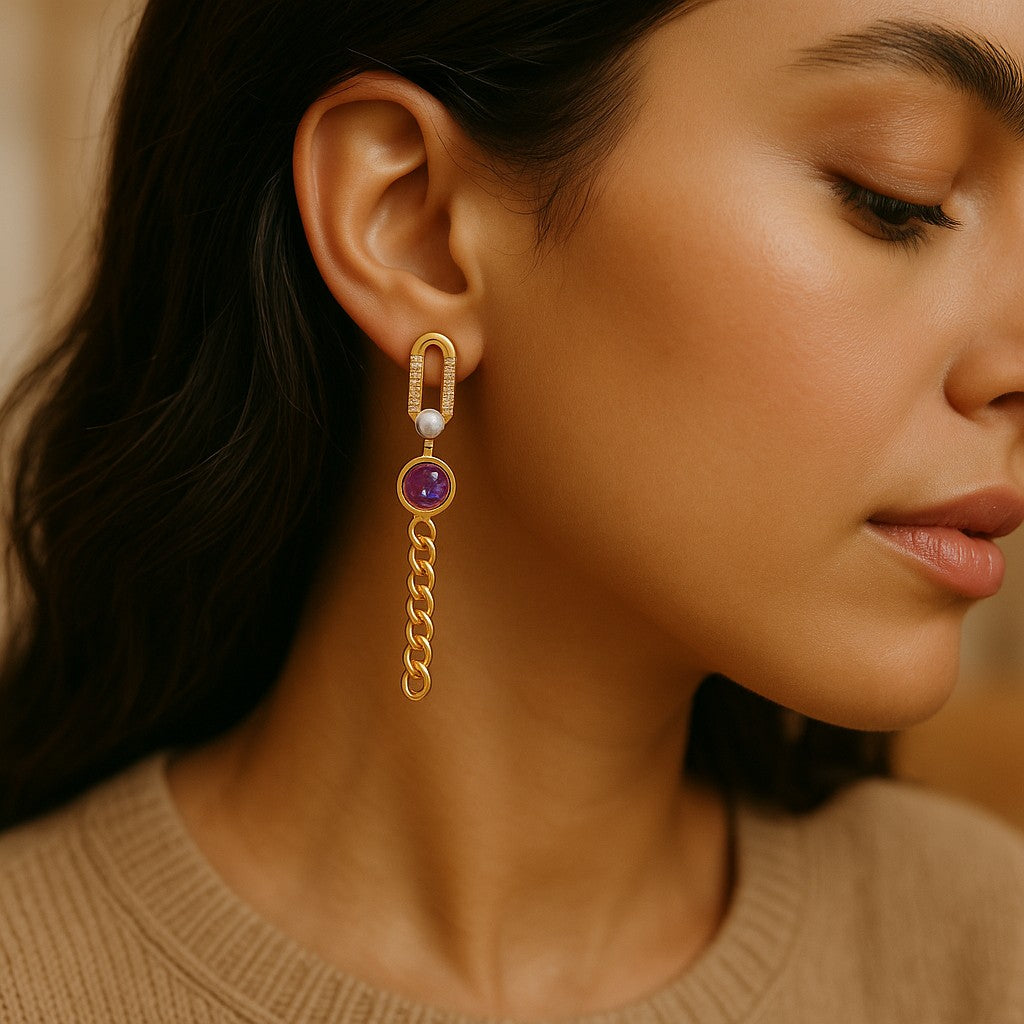 14K Gold Plated Paperclip Chain Dangle Earrings with Purple Crystal