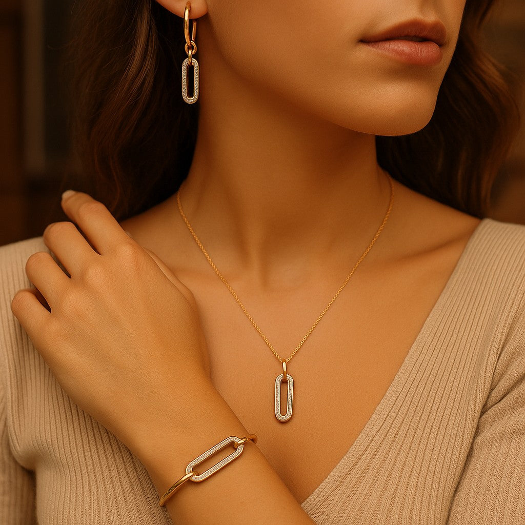 14K Gold Plated Paperclip Style Jewelry Set