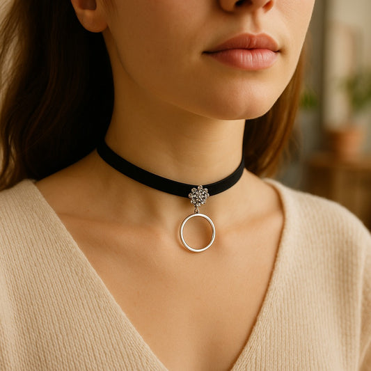 Black Choker Necklace with Crystal Flower &amp; Ring Charm