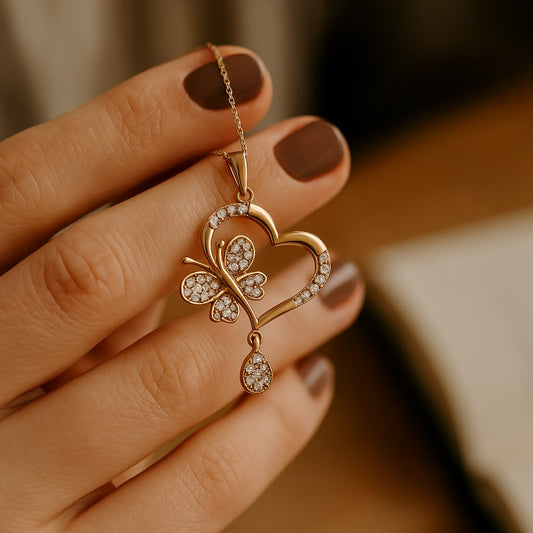 18K Gold Plated Open Heart with Butterfly Pendant with Pave CZ Crystals