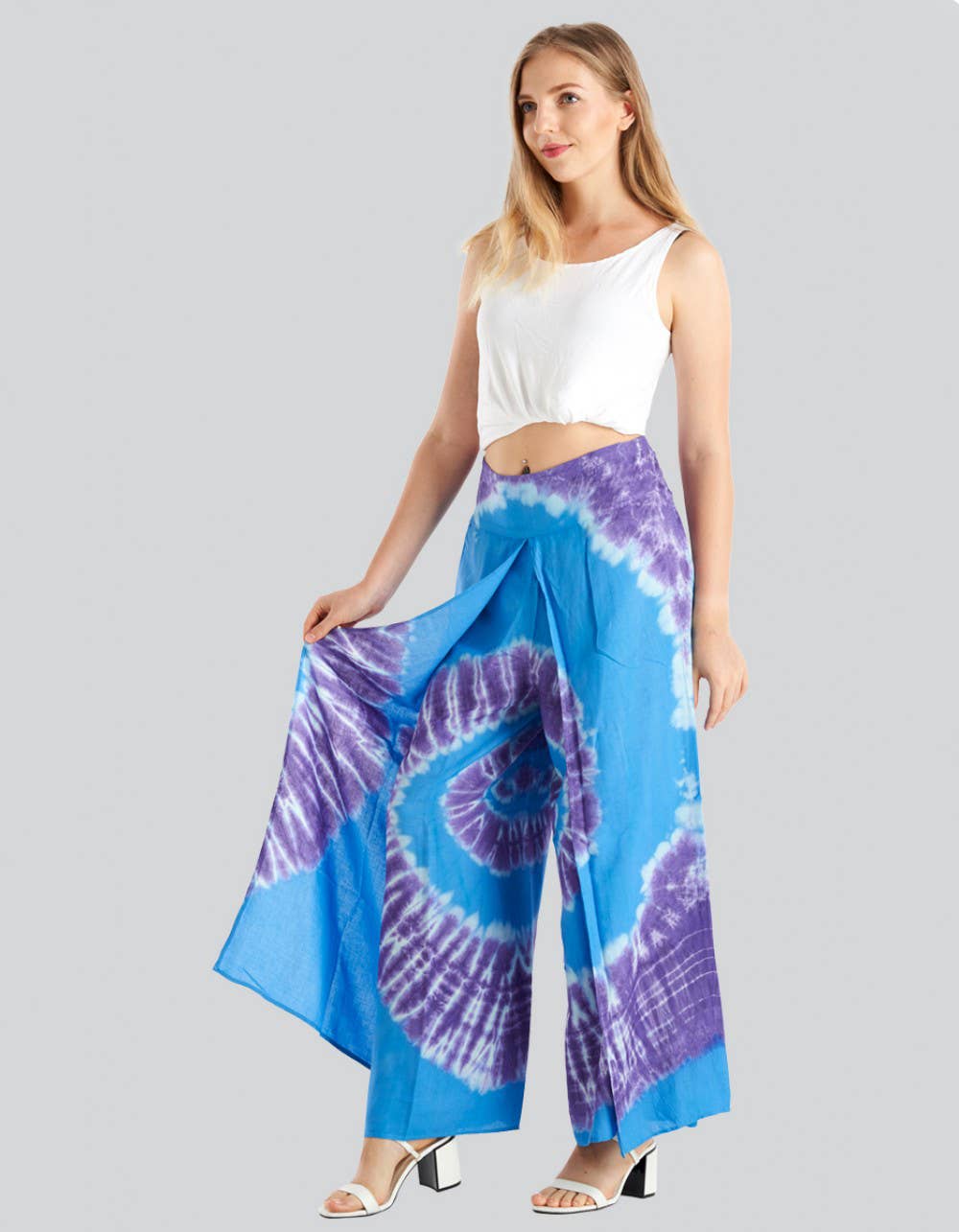 Spiral tie dye split front pant