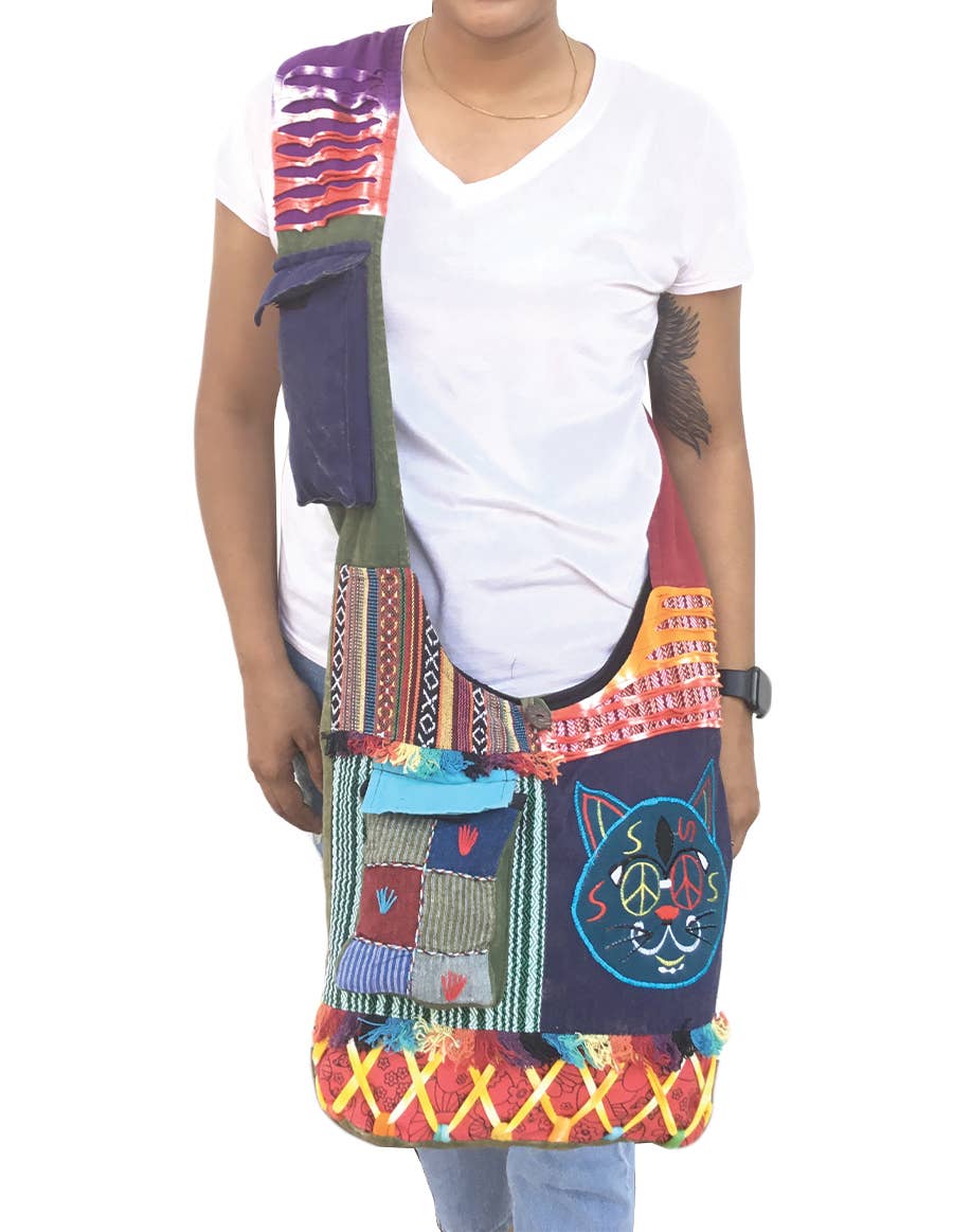 Funny Cat with Glass Patchwork Cotton Hobo Bag