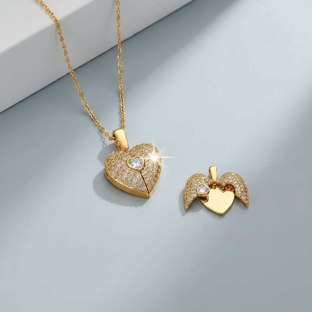Angel Wings Heart Locket Necklace