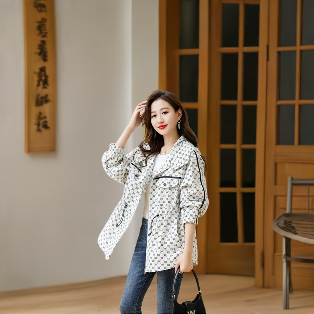 2024 Spring Autumn Korean High-grade Casual Hooded Windbreaker Women Loose Temperament Fashion Print Trench Coat Female Outcoat