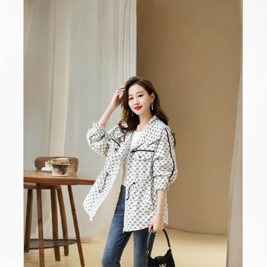 2024 Spring Autumn Korean High-grade Casual Hooded Windbreaker Women Loose Temperament Fashion Print Trench Coat Female Outcoat