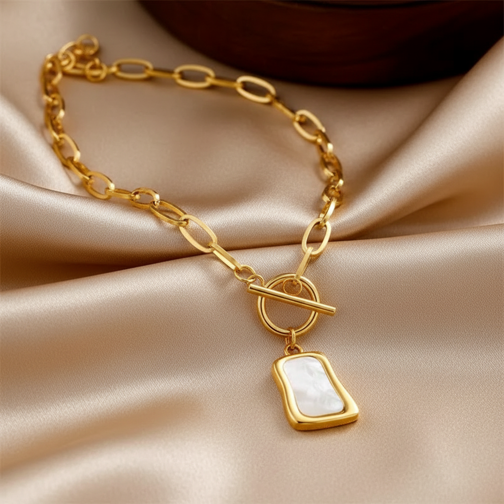 Square Mother of Pearl Pendant Necklace — 18K Gold Plated