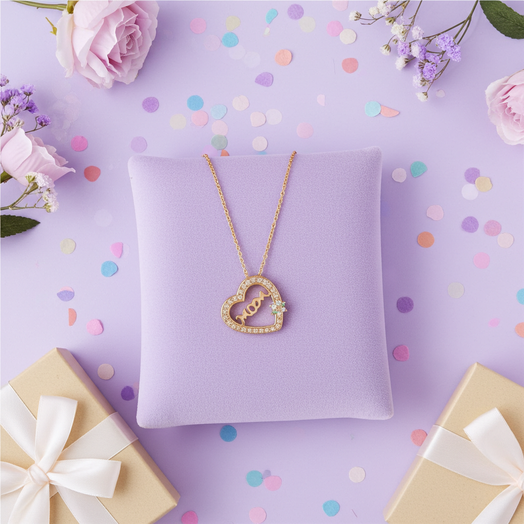 "Mom" Heart Pendant Necklace with Crystal Accents - 18K Gold Plated