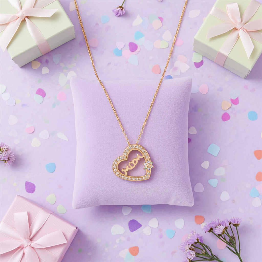 "Mom" Heart Pendant Necklace with Crystal Accents - 18K Gold Plated