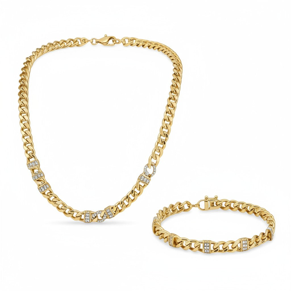 18K Gold Plated Diamond Cuban Link Chain and Bracelet Set
