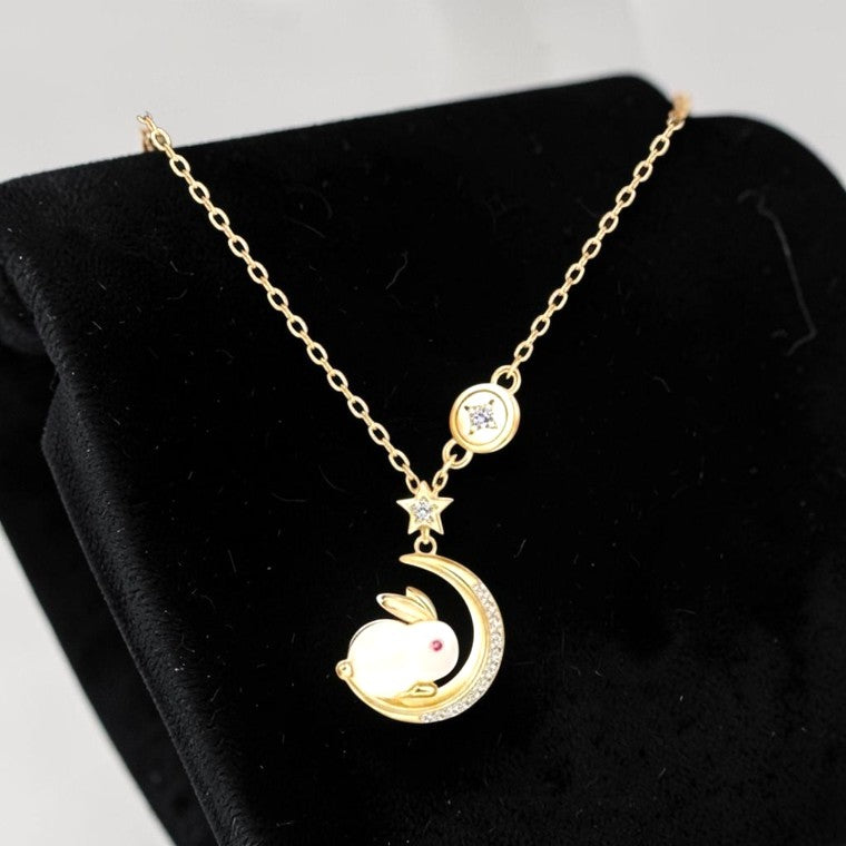 Gold Plated Crescent Moon & Rabbit Necklace