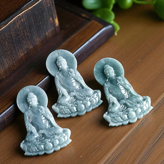 High-grade Natural Jadeite Blue Water Amitabha Pendant Hand-carved Tathagata Buddha Patron Saint Men's and Women's Necklaces